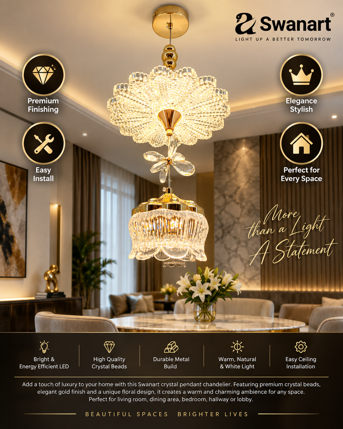Swanart modern luxury crystal chandelier pendant light with gold finish, adjustable height ceiling lamp for dining, bedroom, or living room