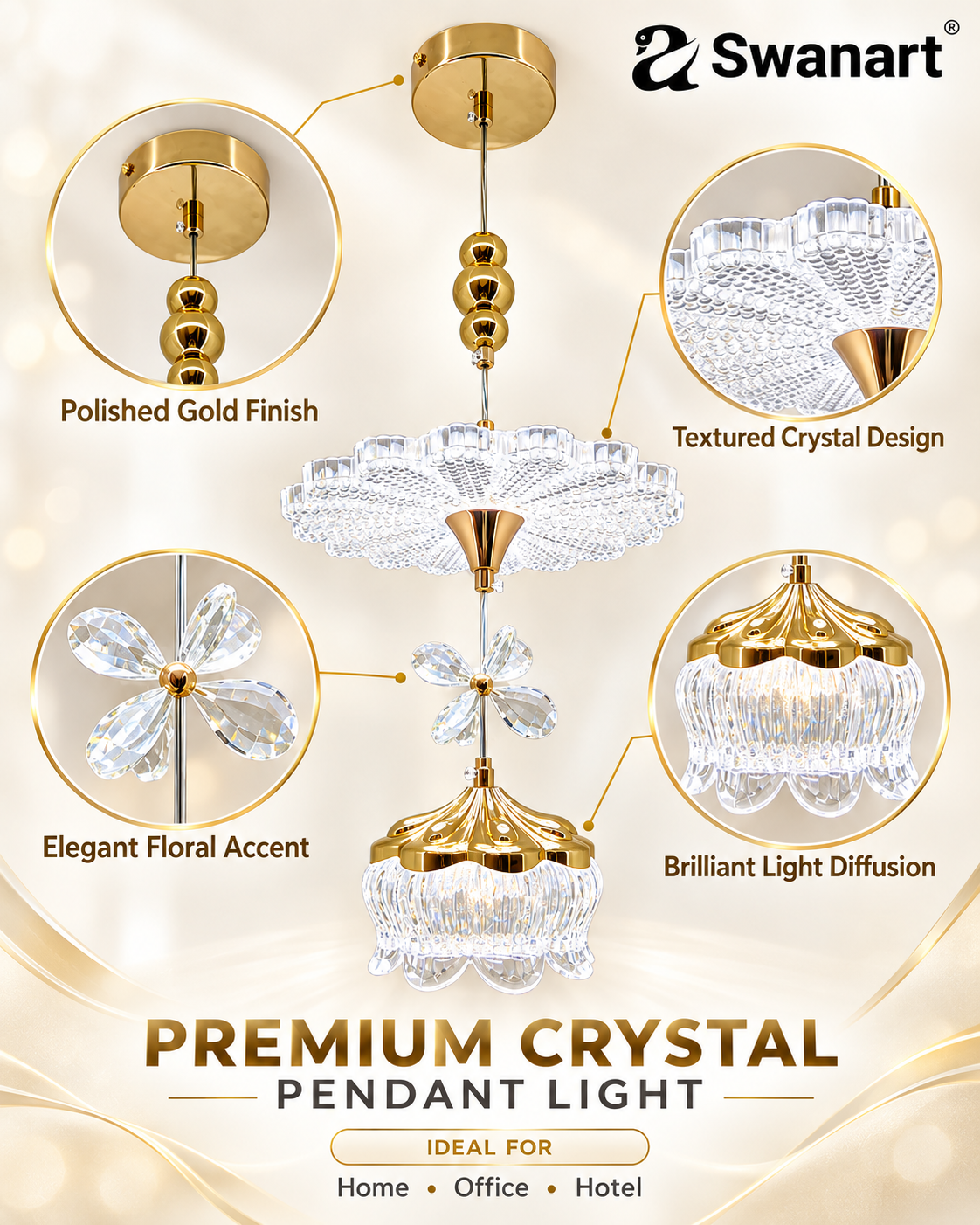 Swanart modern luxury crystal chandelier pendant light with gold finish, adjustable height ceiling lamp for dining, bedroom, or living room