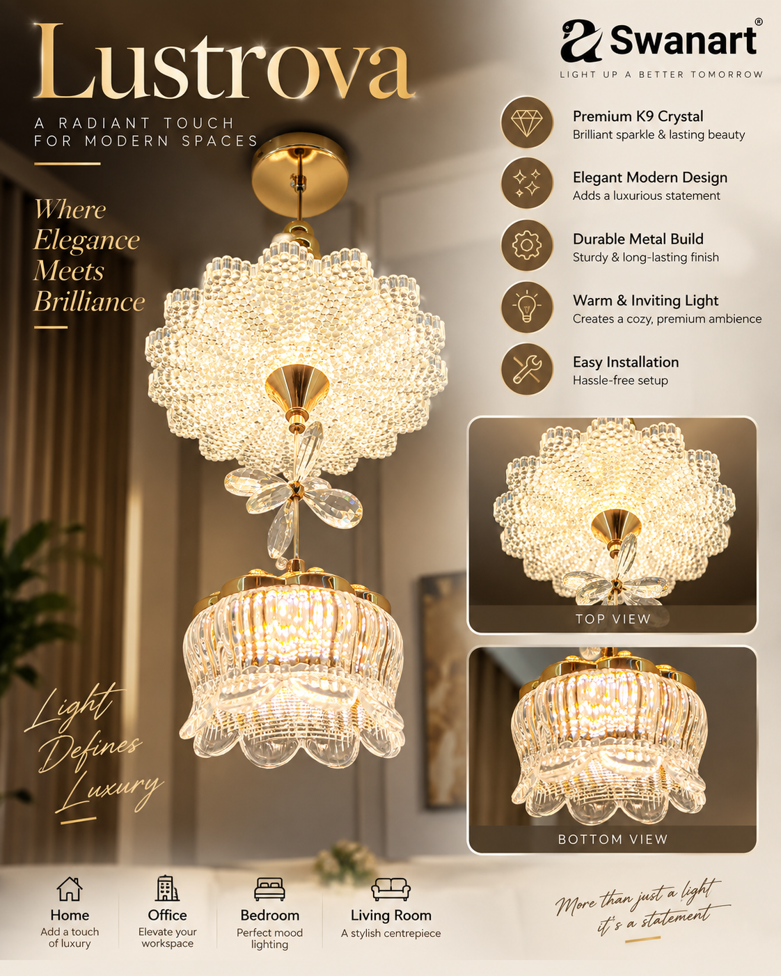 Swanart modern luxury crystal chandelier pendant light fixture with gold finish, adjustable height ceiling lamp for dining or living rooms
