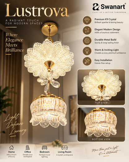 Swanart modern luxury crystal chandelier pendant light fixture with gold finish, adjustable height ceiling lamp for dining or living rooms