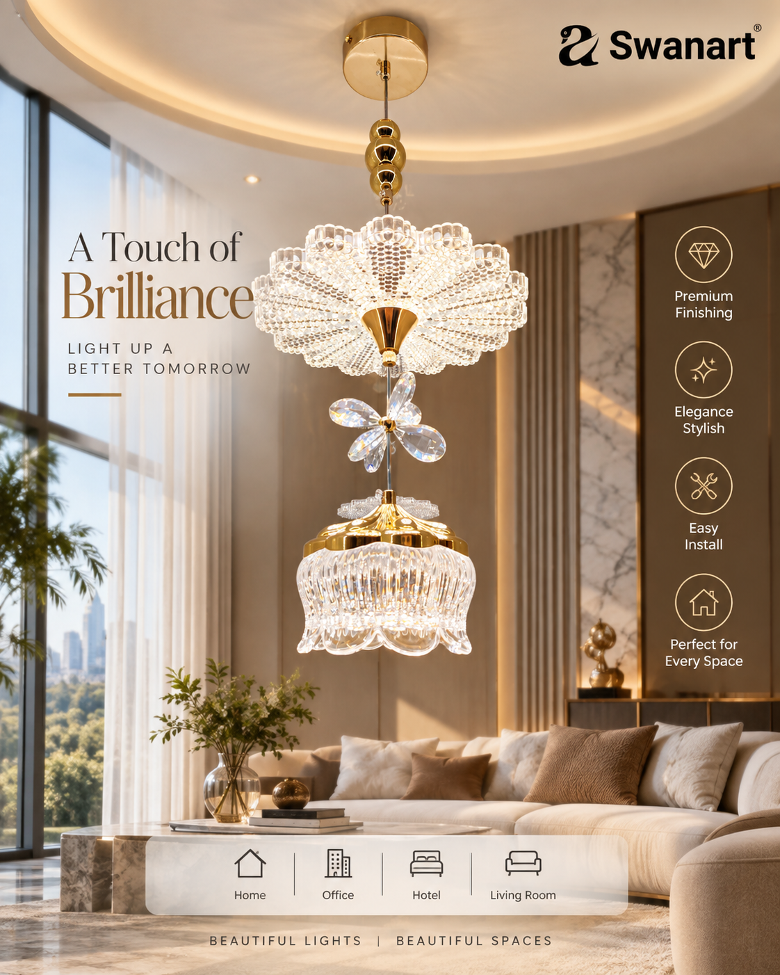 Swanart modern luxury crystal chandelier pendant light with gold finish, featuring adjustable height for dining, bedroom, or entryway.