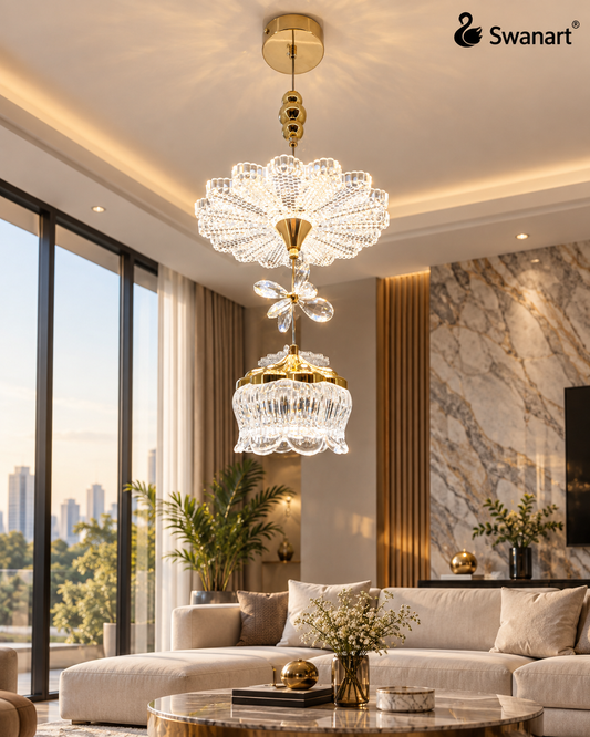 Swanart modern luxury crystal chandelier pendant light with gold finish, adjustable height ceiling lamp for dining, bedroom, or living room