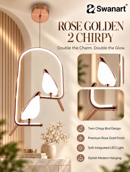 Swanart metal Chirpy twin pendant hanging lights with bird-shaped design, ideal for living room decor and illumination.