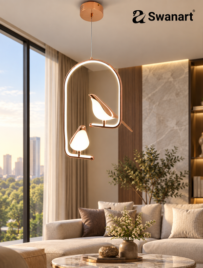 Swanart metal chirpy twin pendant hanging lights with bird-shaped design, ideal for living room decor and illumination.