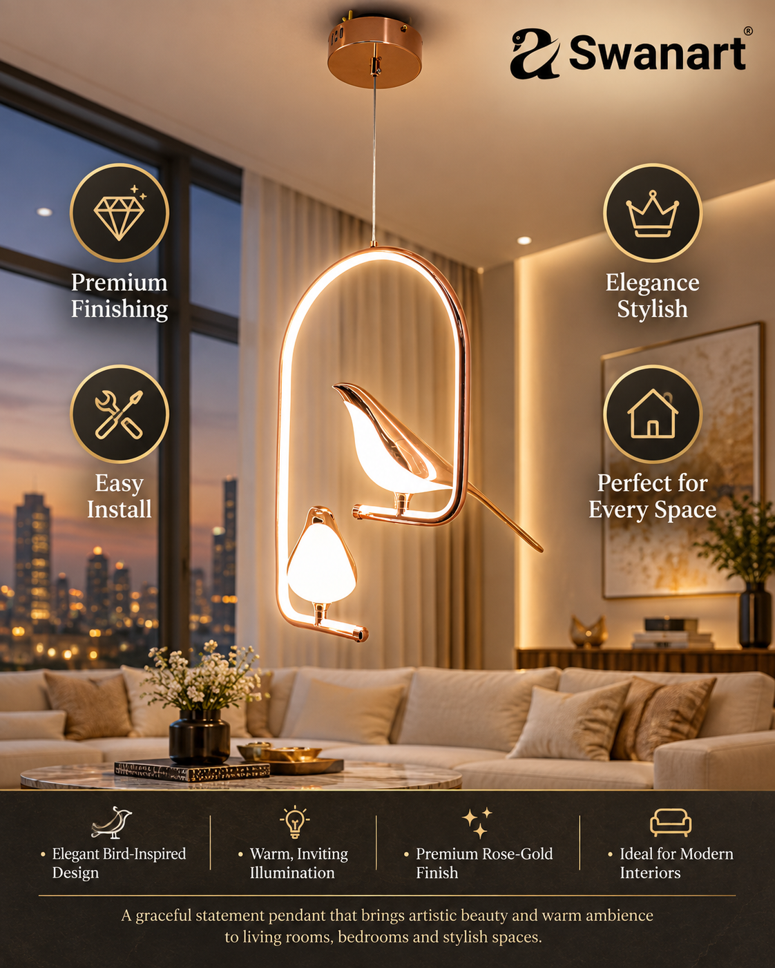 Swanart Metal Chirpy Twin Pendant Hanging Lights with bird-shaped designs, ideal for living room decor and lighting.
