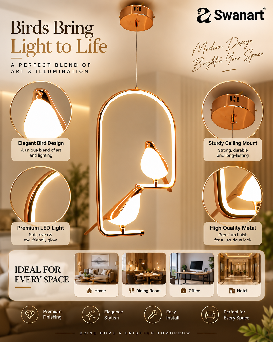 Swanart Metal Chirpy Twin Pendant Hanging Lights with bird-shaped design, ideal for living room decor and ambient lighting.