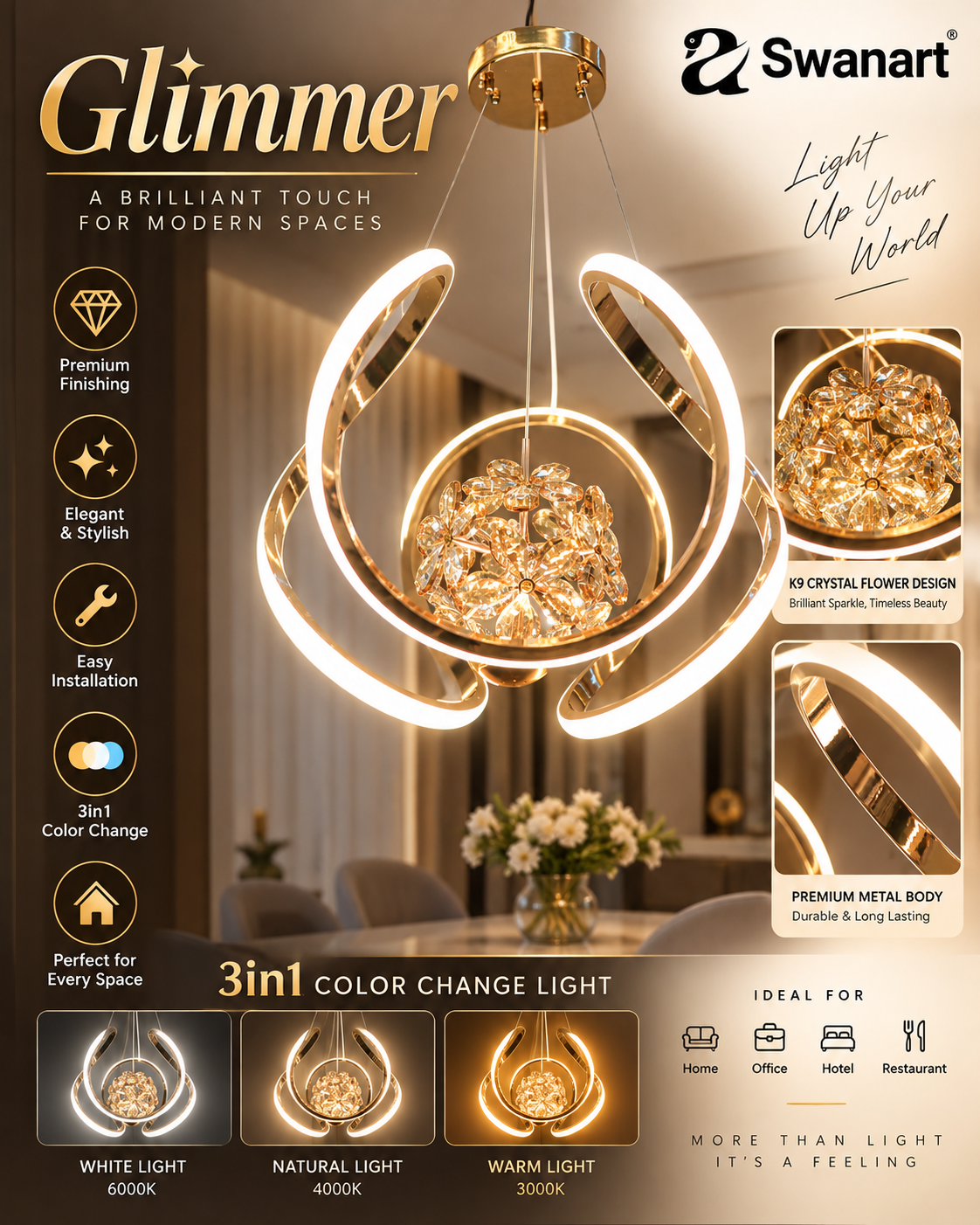 Modern Swanart LED crystal chandelier with gold finish, hanging pendant ceiling lamp featuring elegant crystal details.