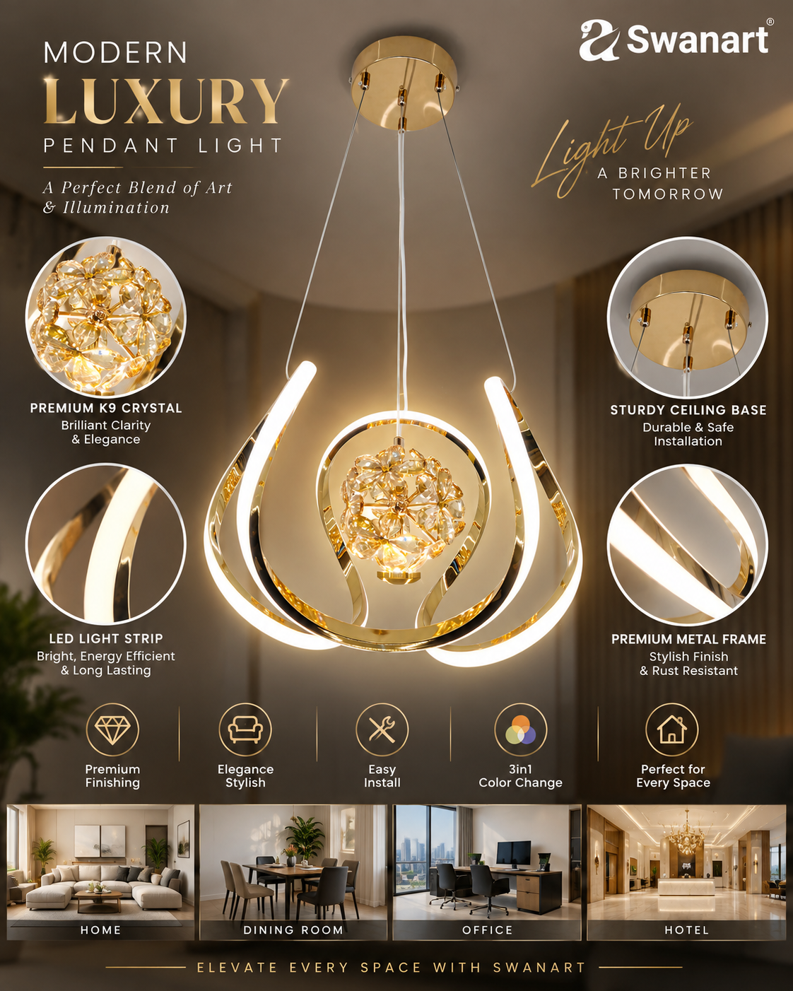 Swanart modern LED crystal chandelier with gold finish, hanging pendant ceiling lamp featuring elegant crystal accents