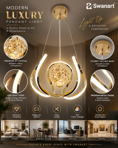 Swanart modern LED crystal chandelier with gold finish, hanging pendant ceiling lamp featuring elegant crystal accents