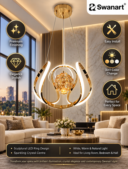 Swanart modern LED crystal chandelier with gold finish, hanging pendant ceiling lamp featuring sparkling crystal accents.