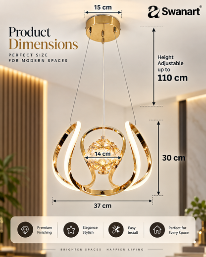 Modern Swanart LED crystal chandelier with gold finish, hanging pendant ceiling lamp, featuring elegant crystal details and a sleek design.