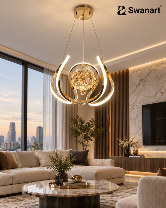 Swanart modern LED crystal chandelier with gold finish hanging pendant ceiling lamp, featuring hanging crystal accents and elegant design.