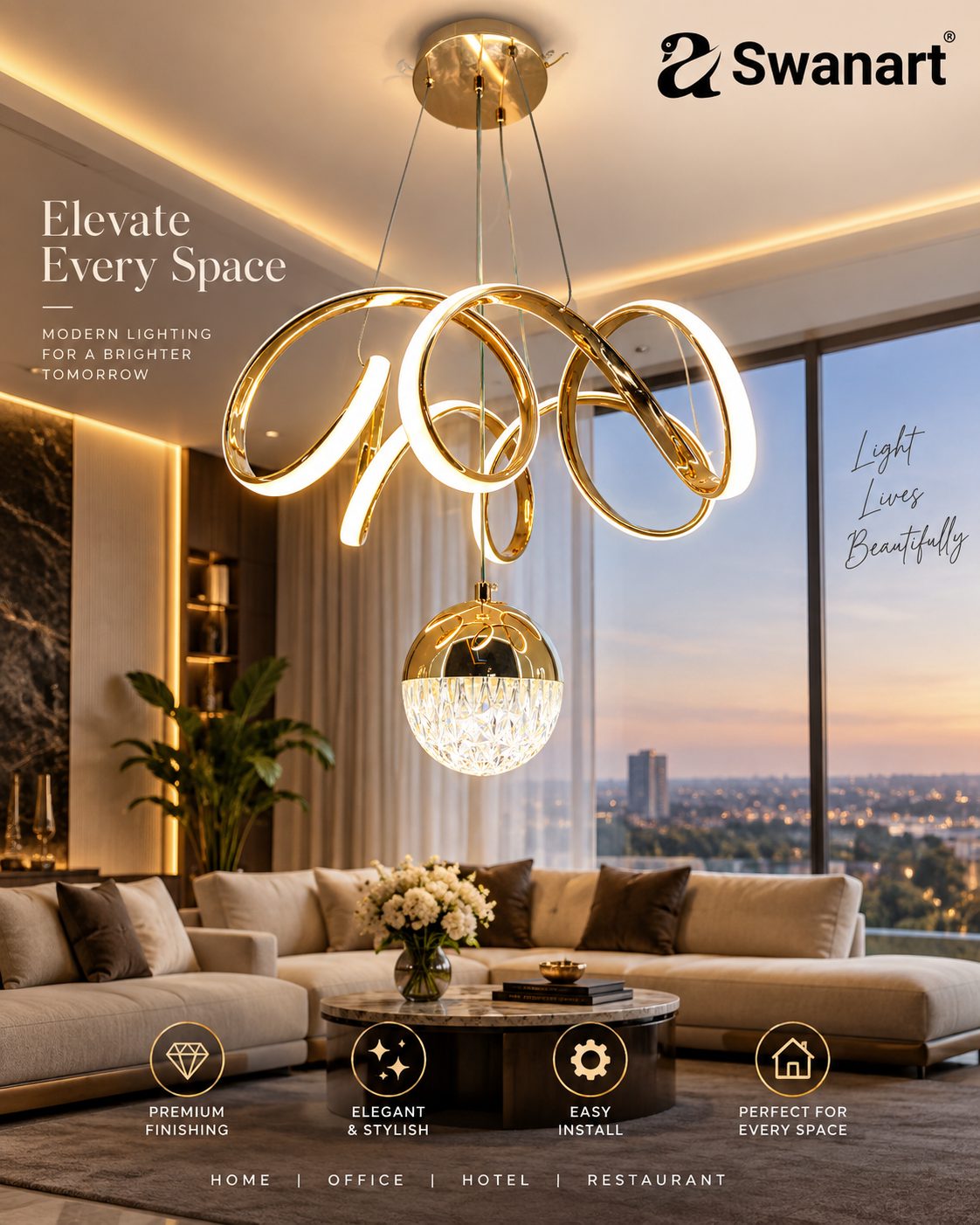 Swanart fiberglass vortex pendant light with sleek contemporary design, ideal for residential and professional spaces, LED hanging fixture.