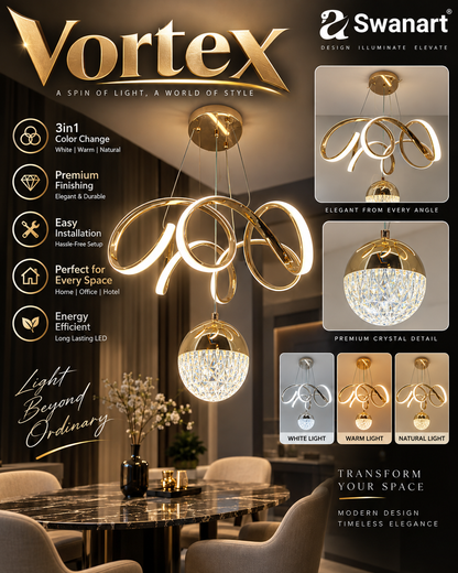 Swanart fiberglass vortex pendant light with sleek contemporary design and LED illumination, ideal for modern residential or professional spaces.
