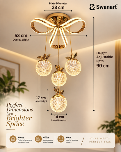 Swanart modern gold LED chandelier pendant light with crystal apple glass shades, adjustable height, decorative ceiling hanging lamp.