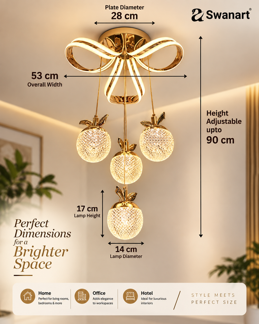 Swanart modern gold LED chandelier pendant light with crystal apple glass shades, adjustable height, decorative ceiling hanging lamp.