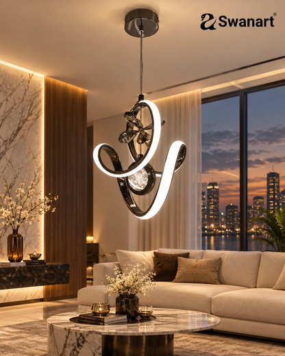 Swanart modern LED pendant light with crystal accents hanging in a living room, featuring adjustable height and decorative ceiling design