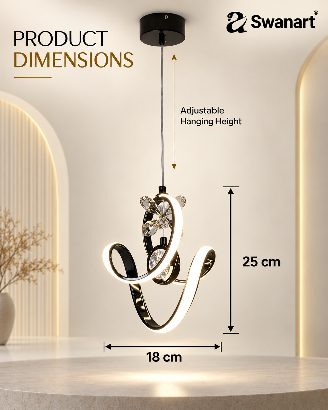 Swanart modern LED pendant light with crystal accents, adjustable hanging chandelier for living room, dining room, bedroom, or hallway