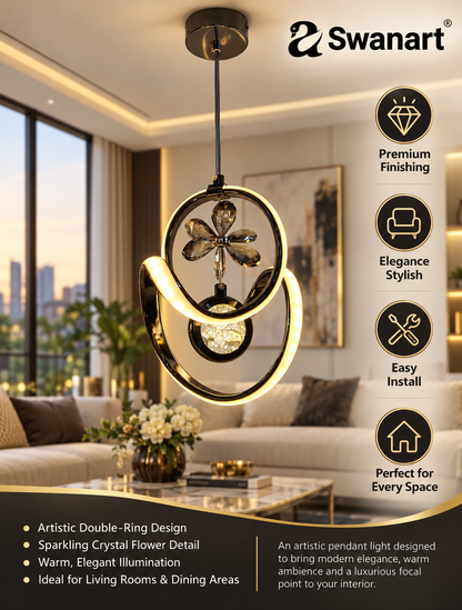 Swanart modern LED pendant light with crystal accents hanging from ceiling, adjustable height chandelier for living room or dining area