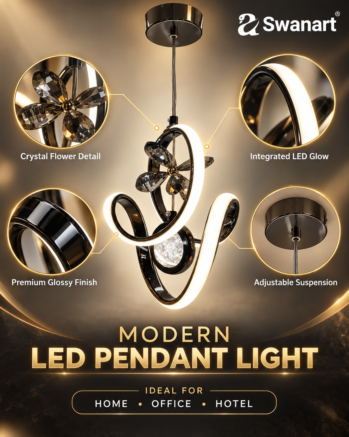 Swanart modern LED pendant light with crystal accents hanging from ceiling in a living room, adjustable height chandelier for dining or bedroom