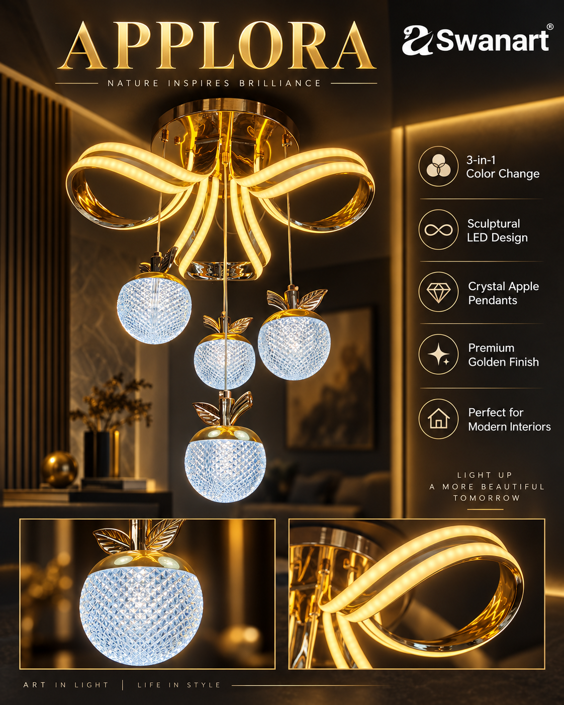 Swanart modern gold LED chandelier pendant light with crystal apple glass shades, adjustable height, decorative ceiling hanging lamp