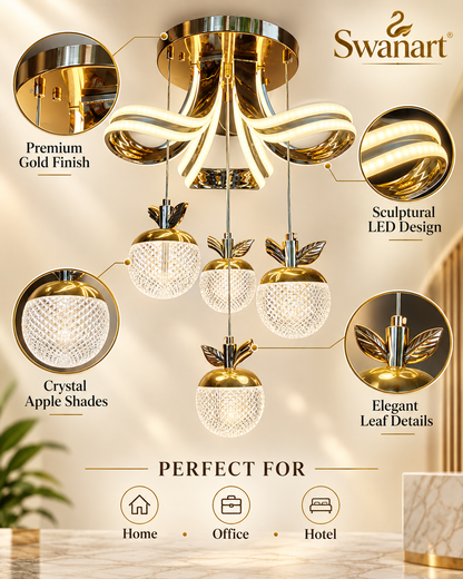 Swanart modern gold LED chandelier pendant light with crystal apple glass shades, adjustable height, decorative ceiling lamp for living or dining room