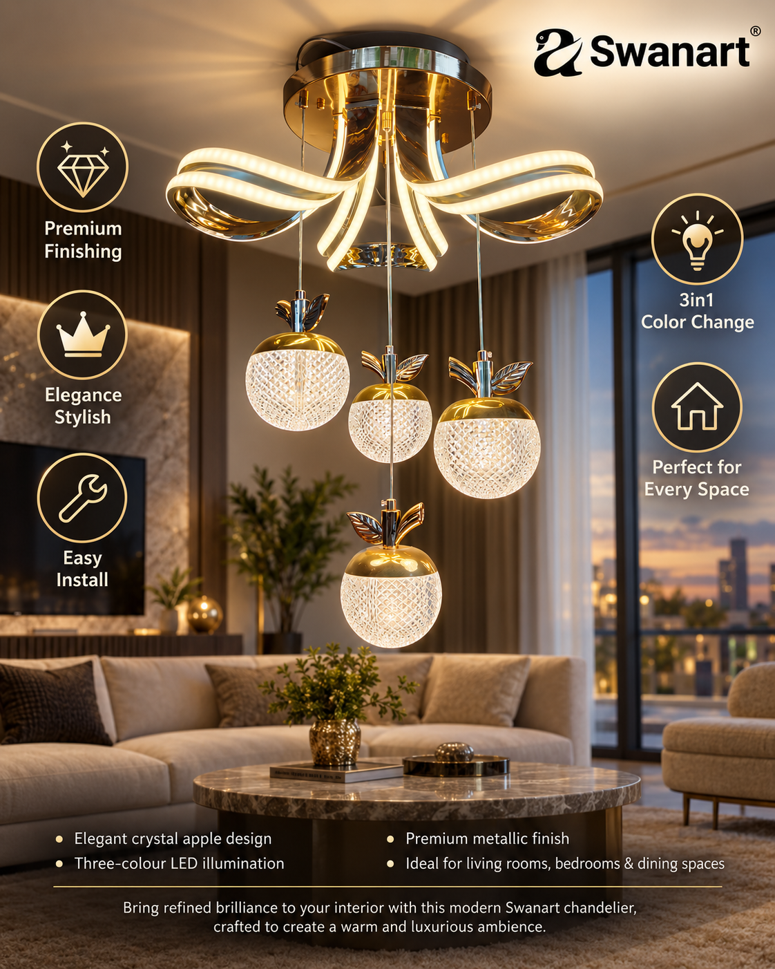Swanart modern gold LED chandelier pendant light with crystal apple glass shades, adjustable height for living or dining room decor