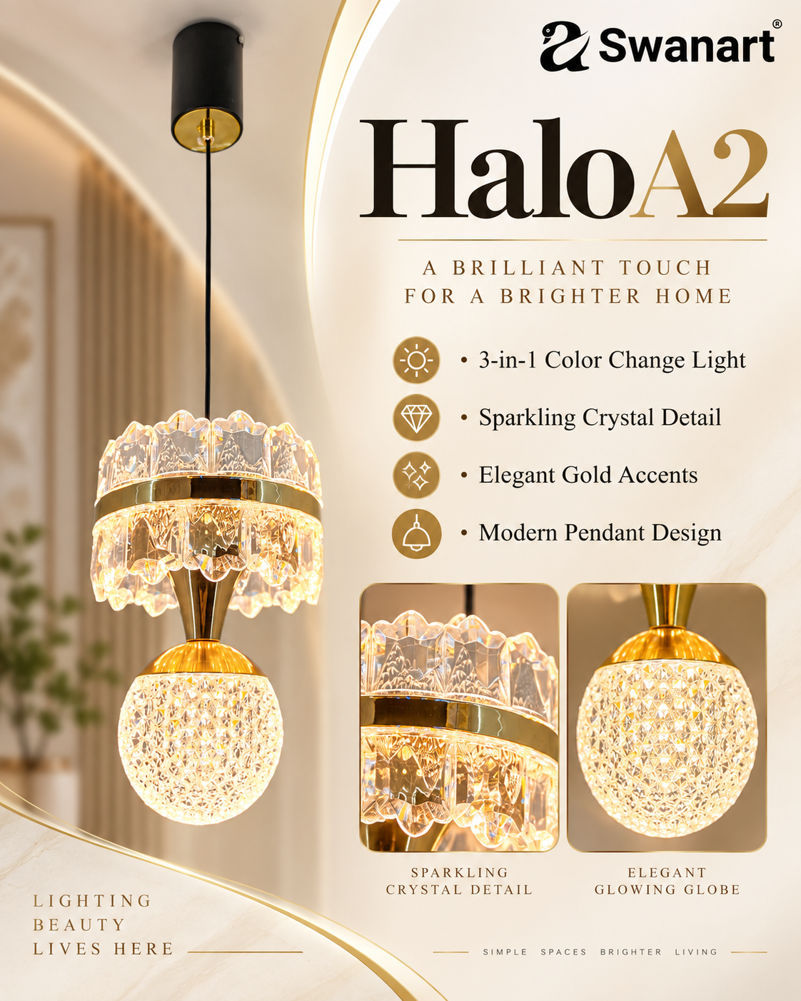 Swanart HaloA2 crystal pendant light with 3-in-1 color change LED, modern hanging ceiling lamp in crystal and metal design.