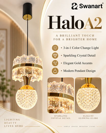 Swanart HaloA2 crystal pendant light with 3-in-1 color change LED, modern hanging ceiling lamp in crystal and metal design.