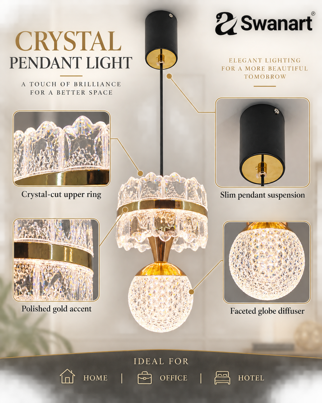 Swanart HaloA2 crystal pendant light with 3-in-1 color change LED, modern metal and crystal design hanging in a living room setting.