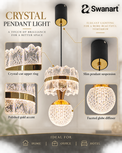 Swanart HaloA2 crystal pendant light with 3-in-1 color change LED, modern metal and crystal design hanging in a living room setting.