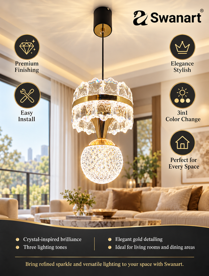 Swanart HaloA2 crystal pendant light with 3-in-1 color change LED, hanging ceiling lamp, modern crystal and metal design for living room or bedroom