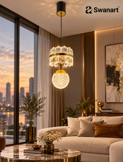 Swanart HaloA2 crystal pendant light with 3-in-1 color change LED, premium crystal and metal design hanging in modern living room.