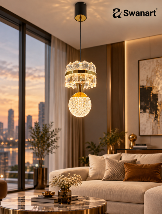 Swanart HaloA2 crystal pendant light with 3-in-1 color change LED, premium crystal and metal design hanging in modern living room.