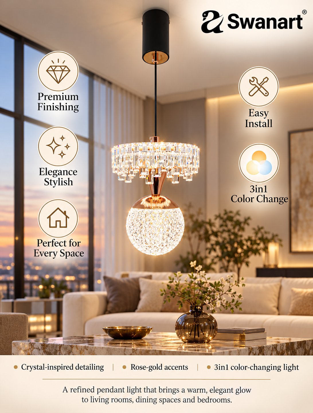 Modern Swanart 2-tier crystal pendant light with black and rose gold finish, featuring elegant hanging crystal accents.