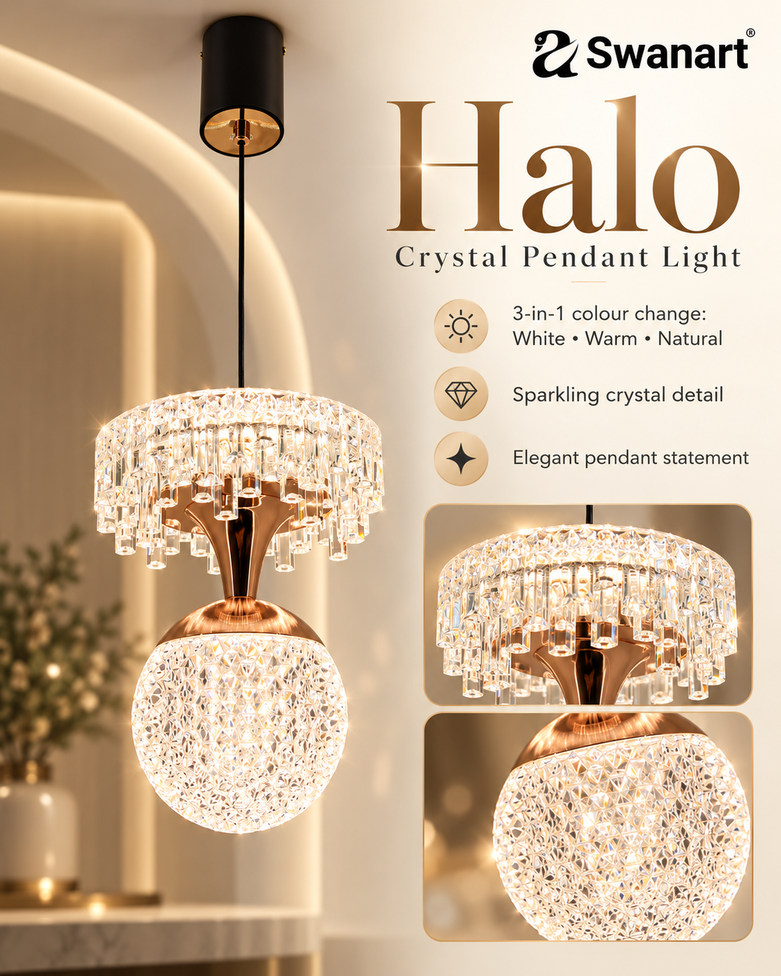 Modern 2-tier crystal pendant light by Swanart featuring black and rose gold finish, hanging with sparkling crystal accents.
