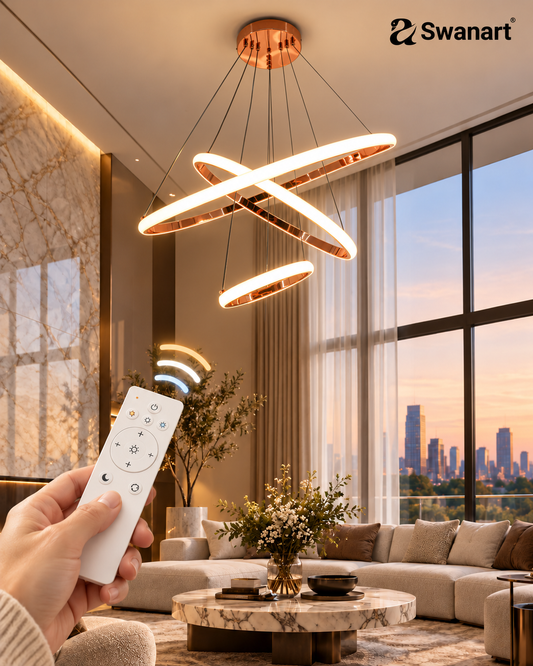 Swanart Prism 3-ring adjustable LED chandelier with remote control, featuring dimmable, color-changing lights and modern design