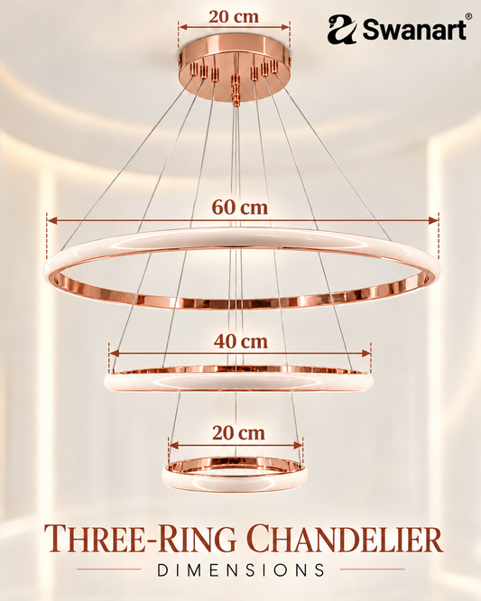 Swanart Prism 3-Ring LED chandelier with remote control, featuring adjustable, dimmable, color-changing lights suspended in a modern setting.