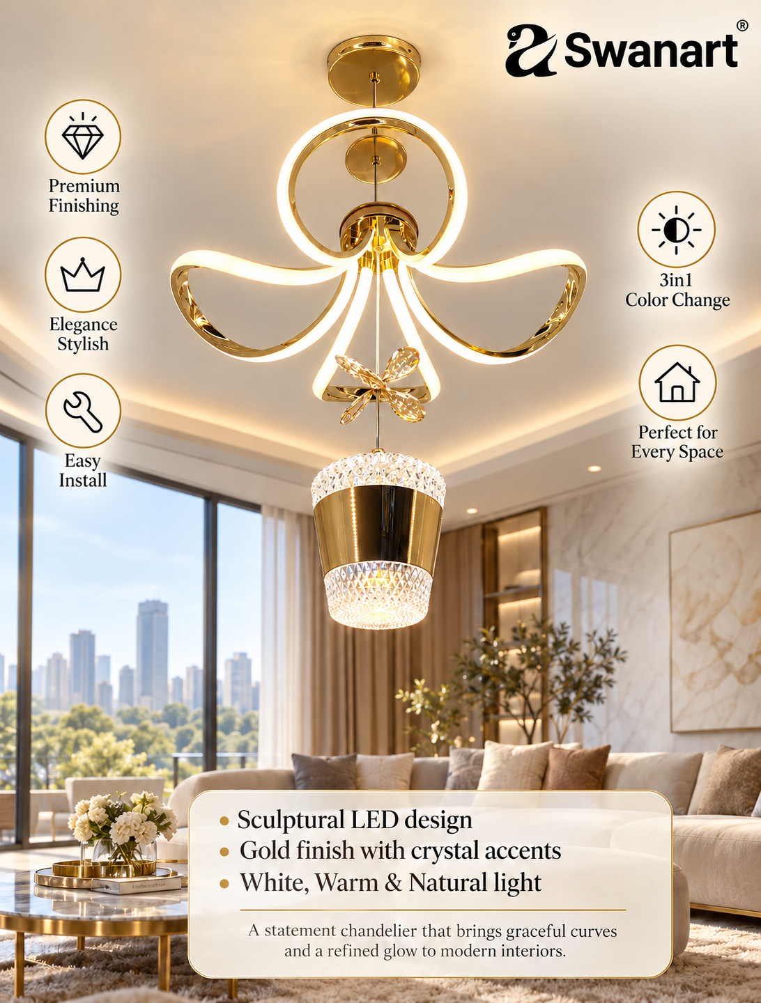 Swanart white ceiling light fixture in a living room, modern design suitable for multiple rooms, with a sleek, minimalist look