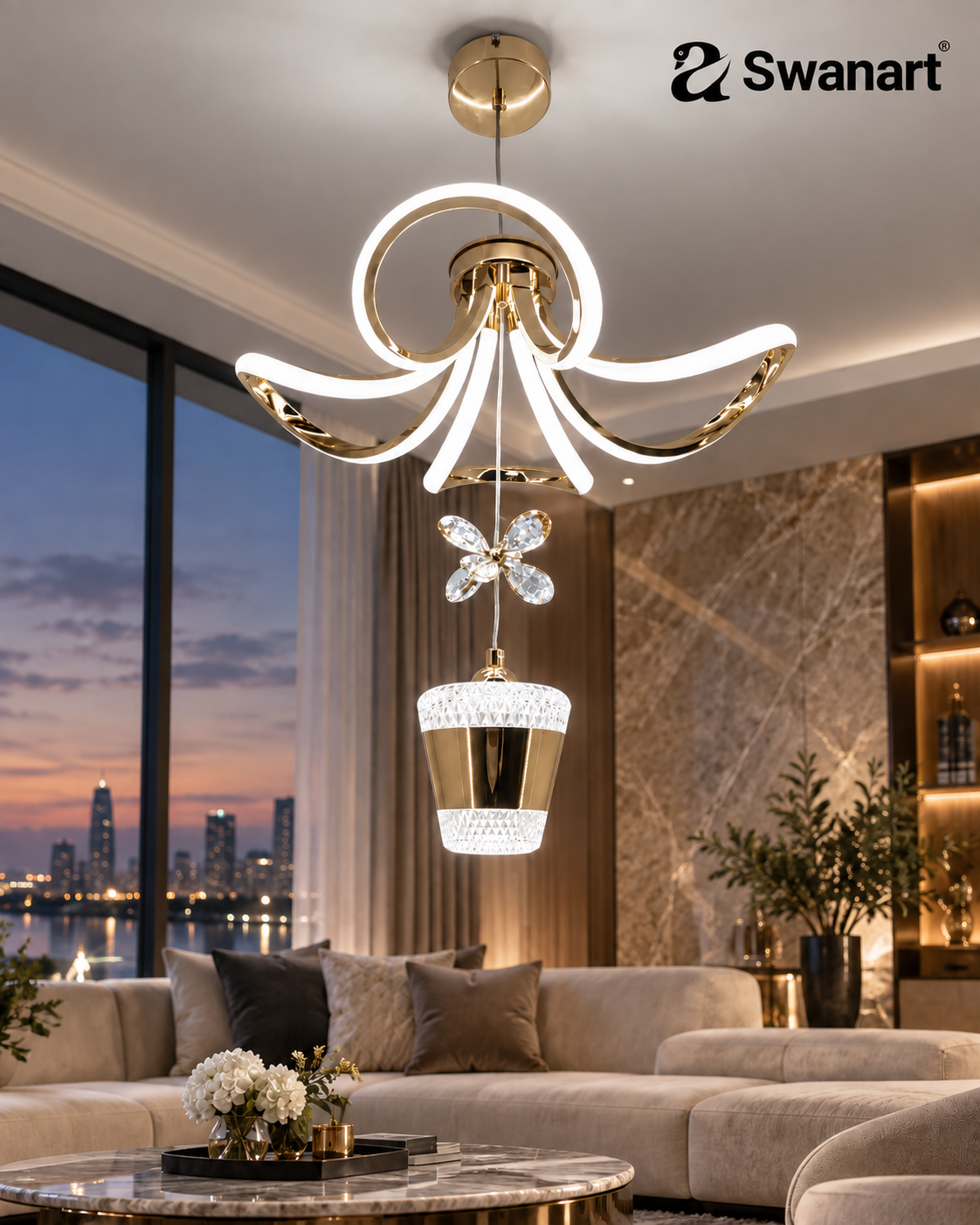 Swanart white living room ceiling light fixture with modern design, suitable for multiple rooms, mounted on a ceiling.