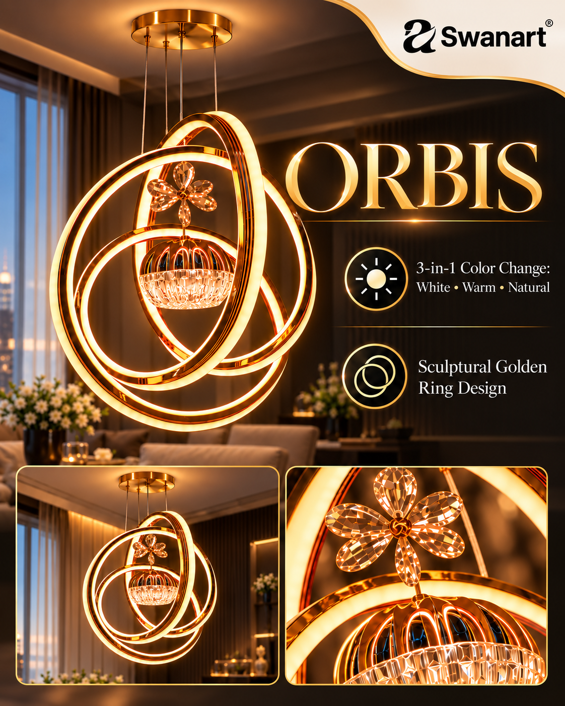Modern Swanart Orbis fibreglass hanging light with innovative illumination and sleek design for contemporary interior decor.