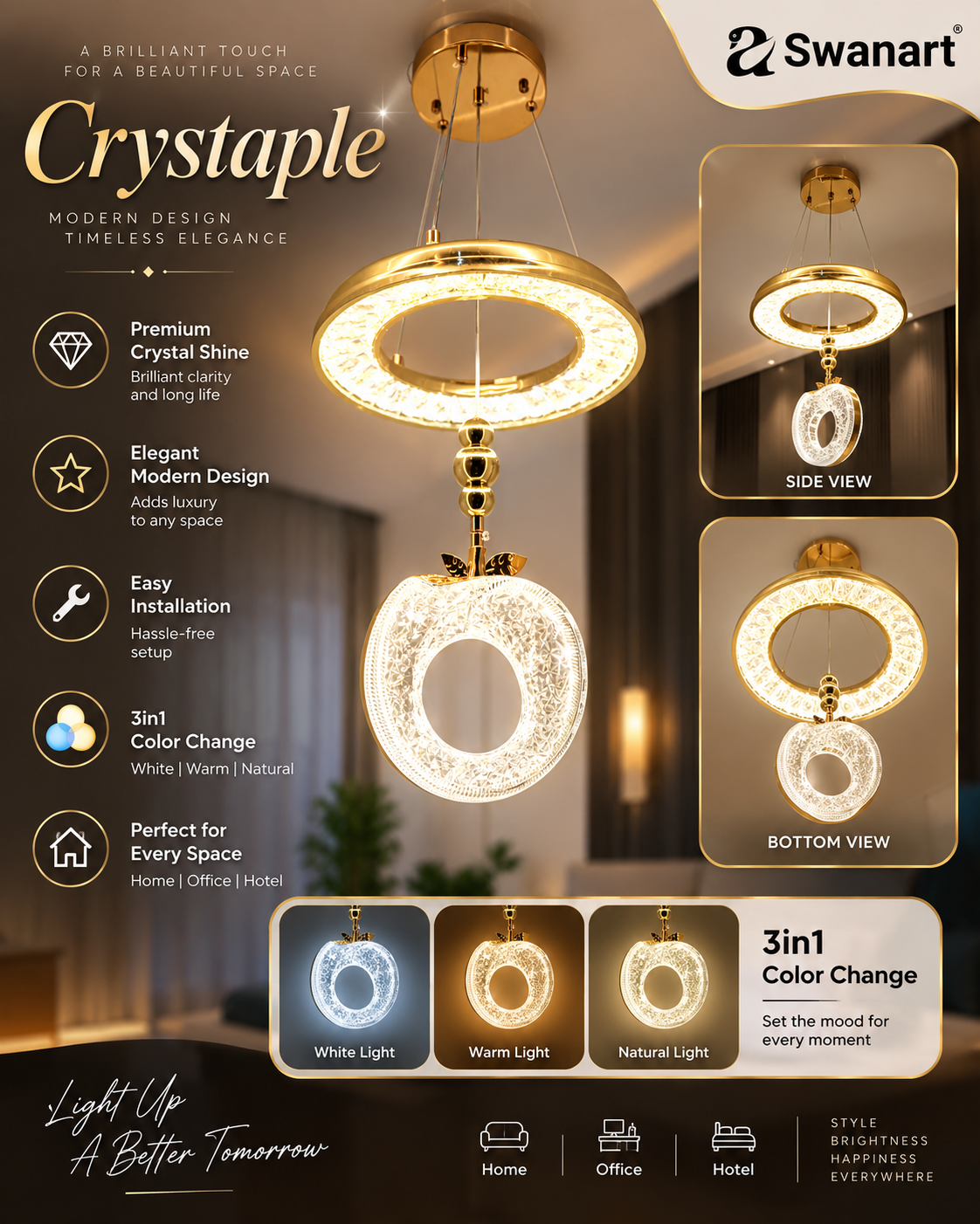 Swanart Luxe Crystaple crystal apple chandelier with gold accents, LED pendant light featuring 3-in-1 color change and adjustable height.