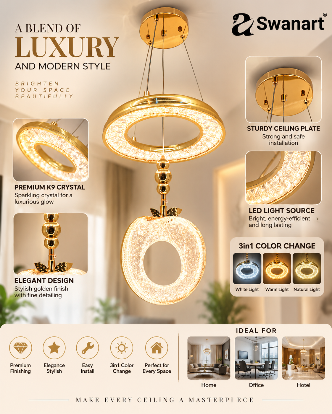 Swanart luxury crystal apple chandelier with gold finish, LED pendant light featuring 3-in-1 color change and adjustable height.