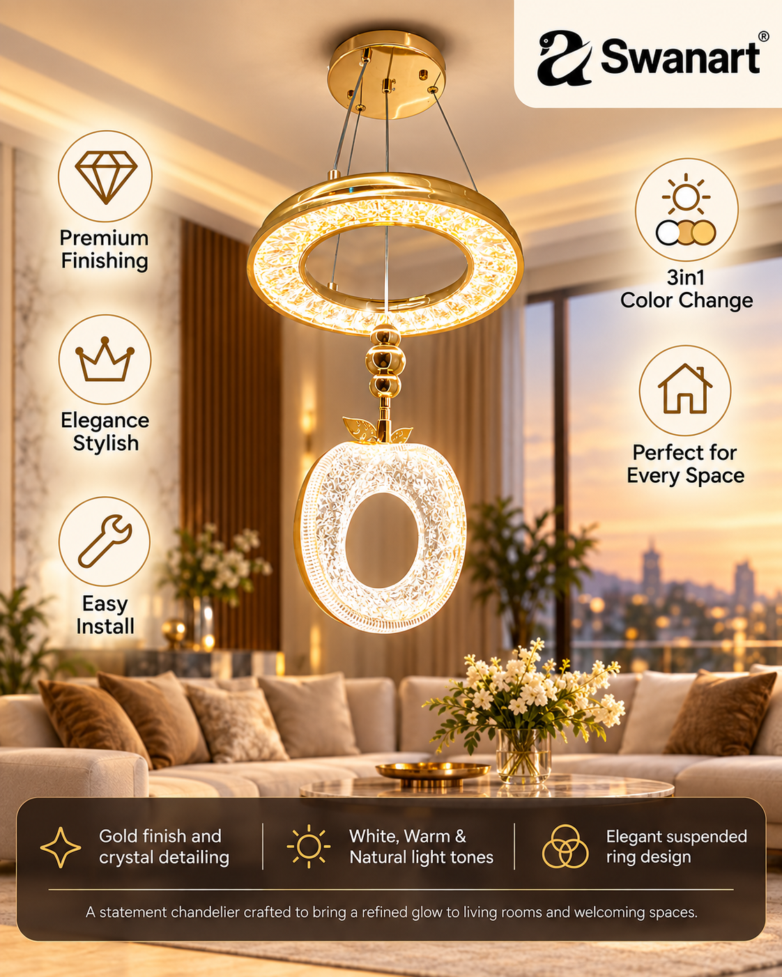 Swanart luxury crystal apple chandelier with LED pendant light, gold finish, 3-in-1 color change, and adjustable height for modern home decor.