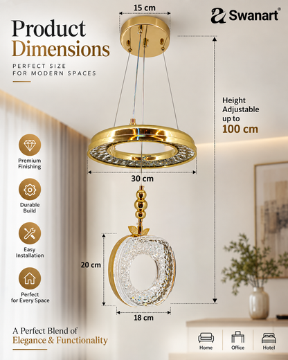 Swanart luxury crystal apple chandelier with gold finish, LED pendant light featuring 3-in-1 color change and adjustable height.