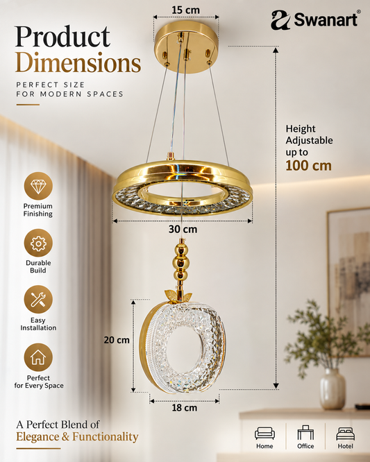 Swanart luxury crystal apple chandelier with gold finish, LED pendant light featuring 3-in-1 color change and adjustable height.