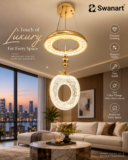 Swanart luxury crystal apple chandelier with gold accents, LED pendant light featuring 3-in-1 color change and height adjustment.