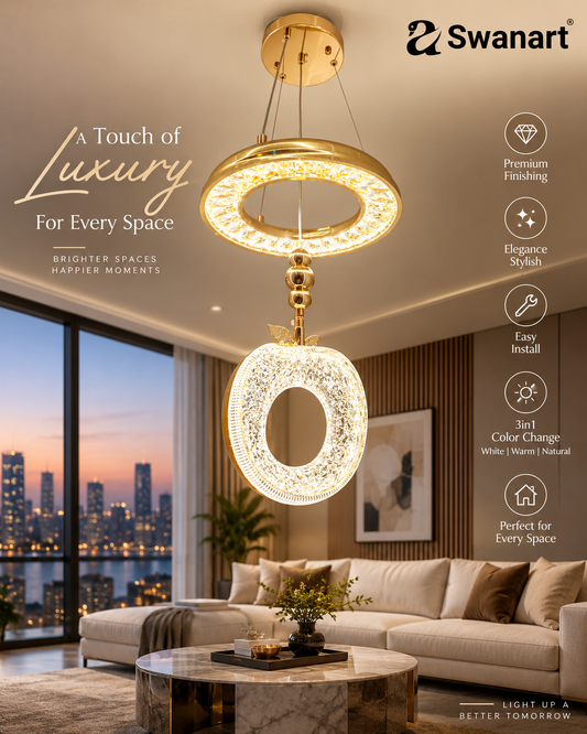 Swanart luxury crystal apple chandelier with gold accents, LED pendant light featuring 3-in-1 color change and height adjustment.