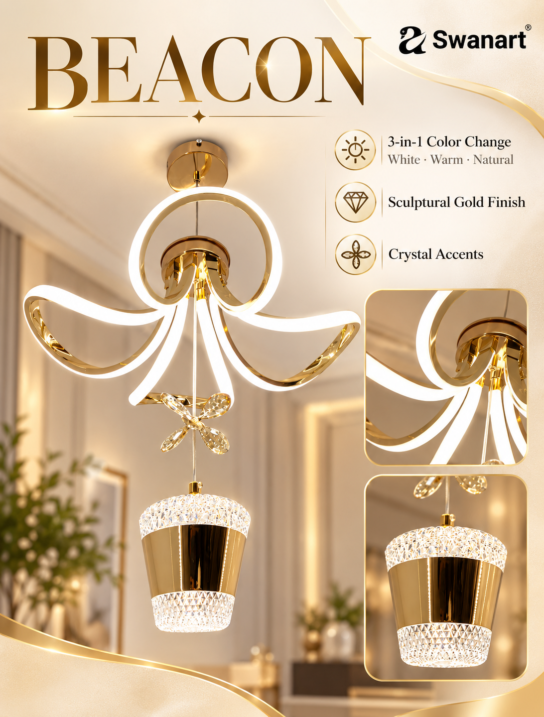 White Swanart living room ceiling light fixture with modern design, suitable for multiple rooms, mounted on ceiling.
