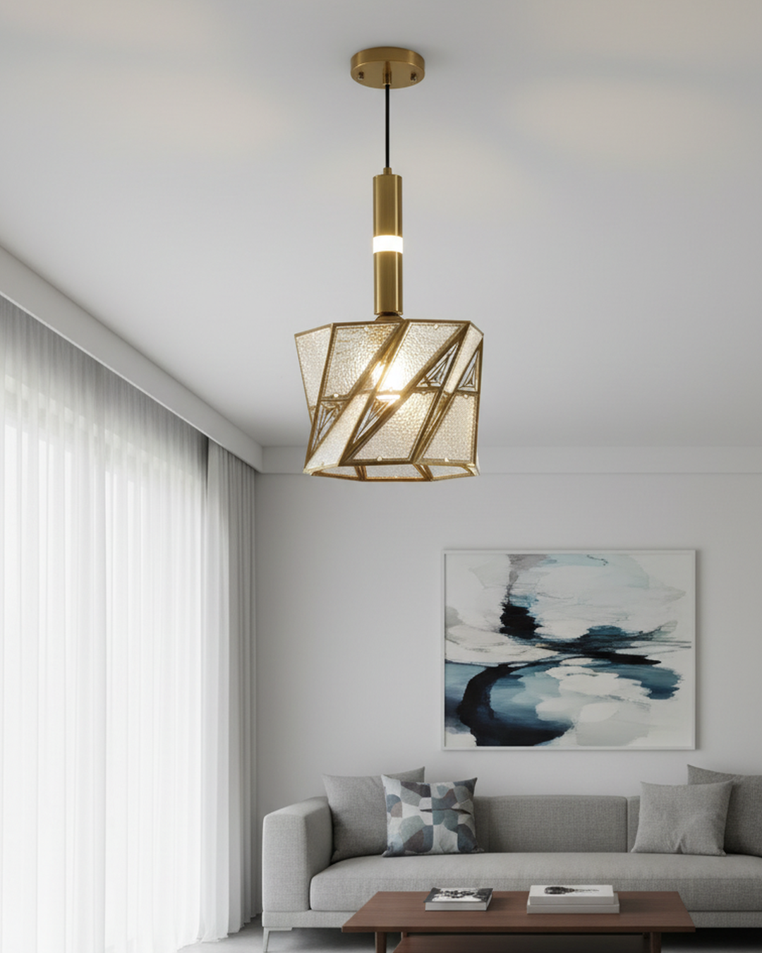 Modern gold pendant light by Swanart with geometric glass design, ideal for dining rooms and kitchen islands.